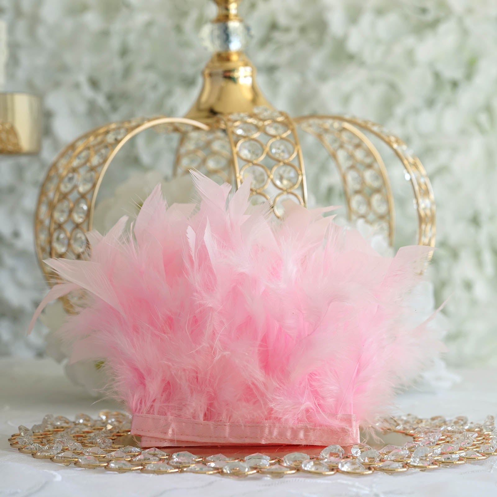 Pink 39 Inch Real Turkey Feather Fringe Trim with Satin Ribbon Tape