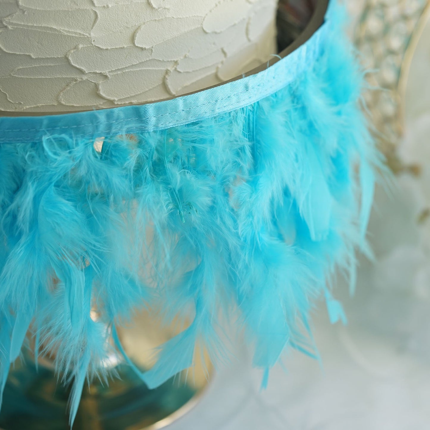 Turquoise Turkey Feather Fringe Trim with Satin Ribbon Tape 39 Inch Real