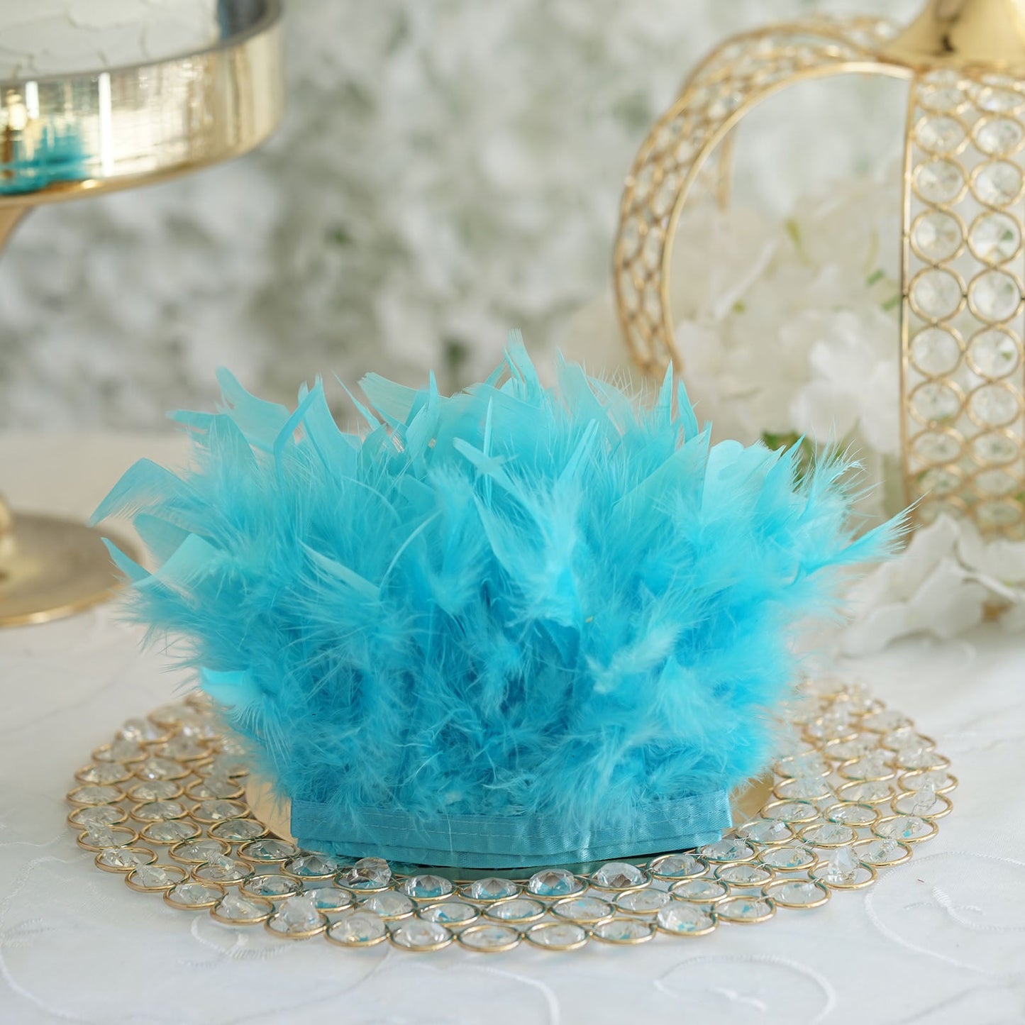 Turquoise 39 Inch Real Turkey Feather Fringe Trim with Satin Ribbon Tape