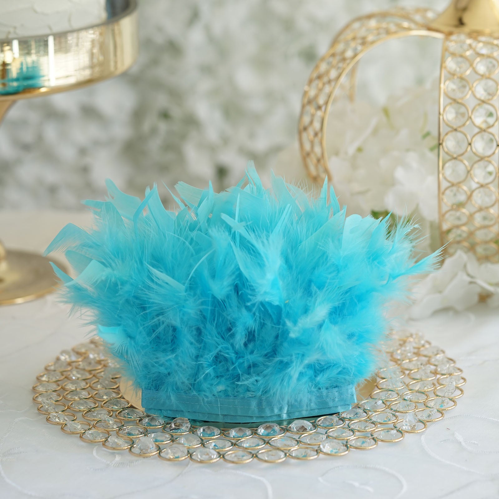 Turquoise 39 Inch Real Turkey Feather Fringe Trim with Satin Ribbon Tape