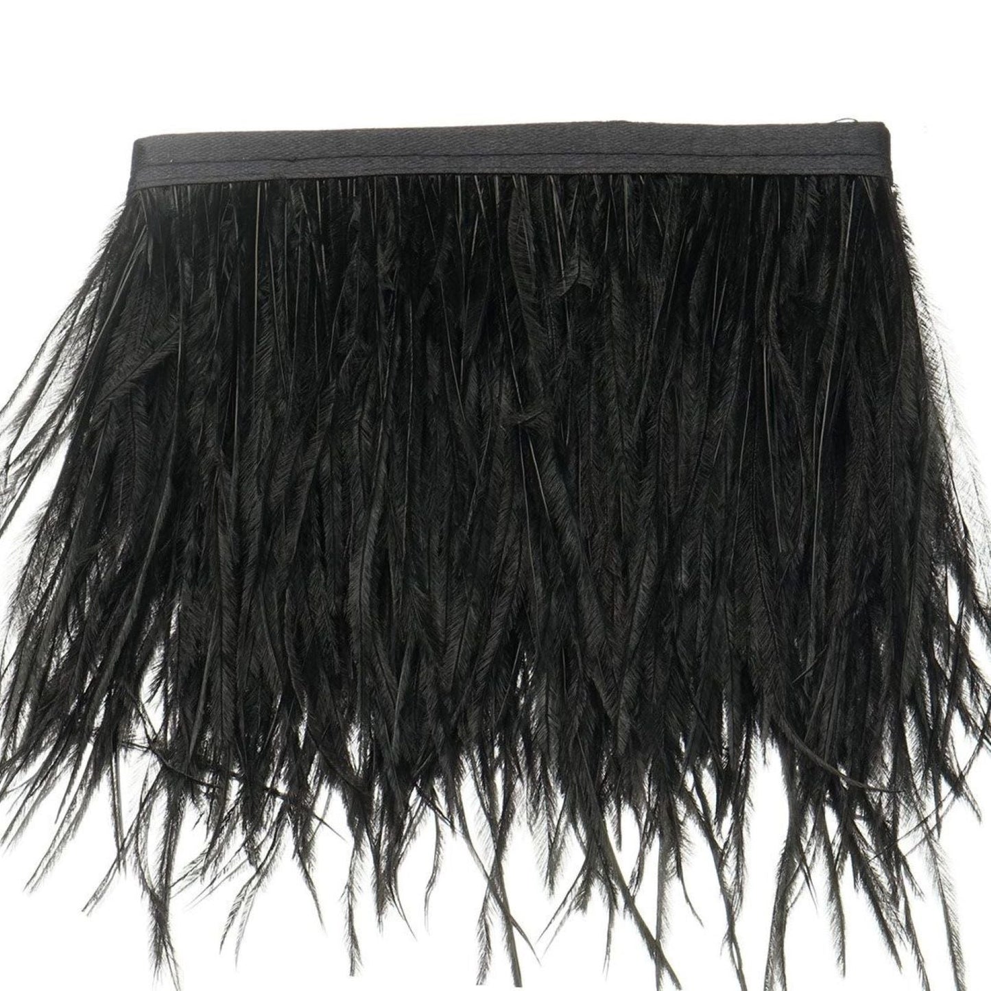 Black ostrich feather fringe trim with satin ribbon tape. #whtbkgd