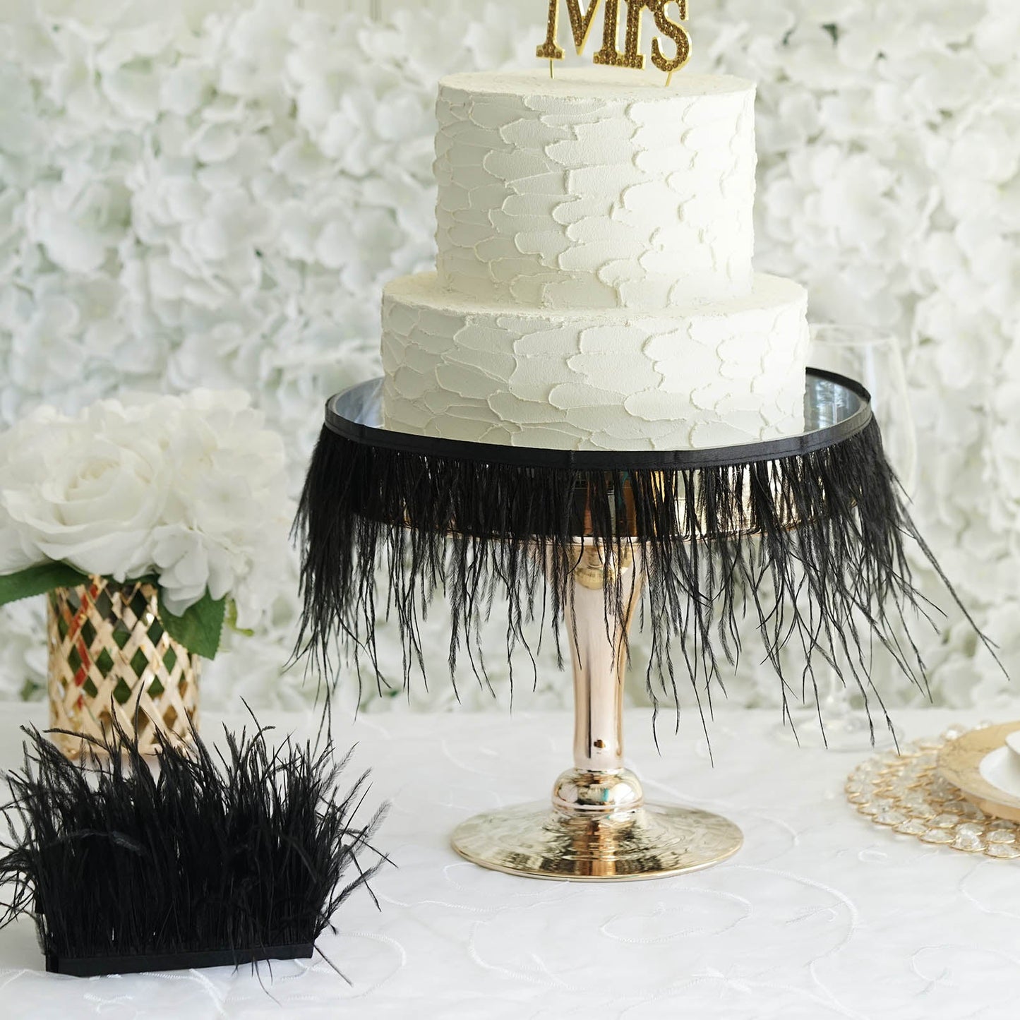 39" black real ostrich feather fringe trim with satin ribbon tape.