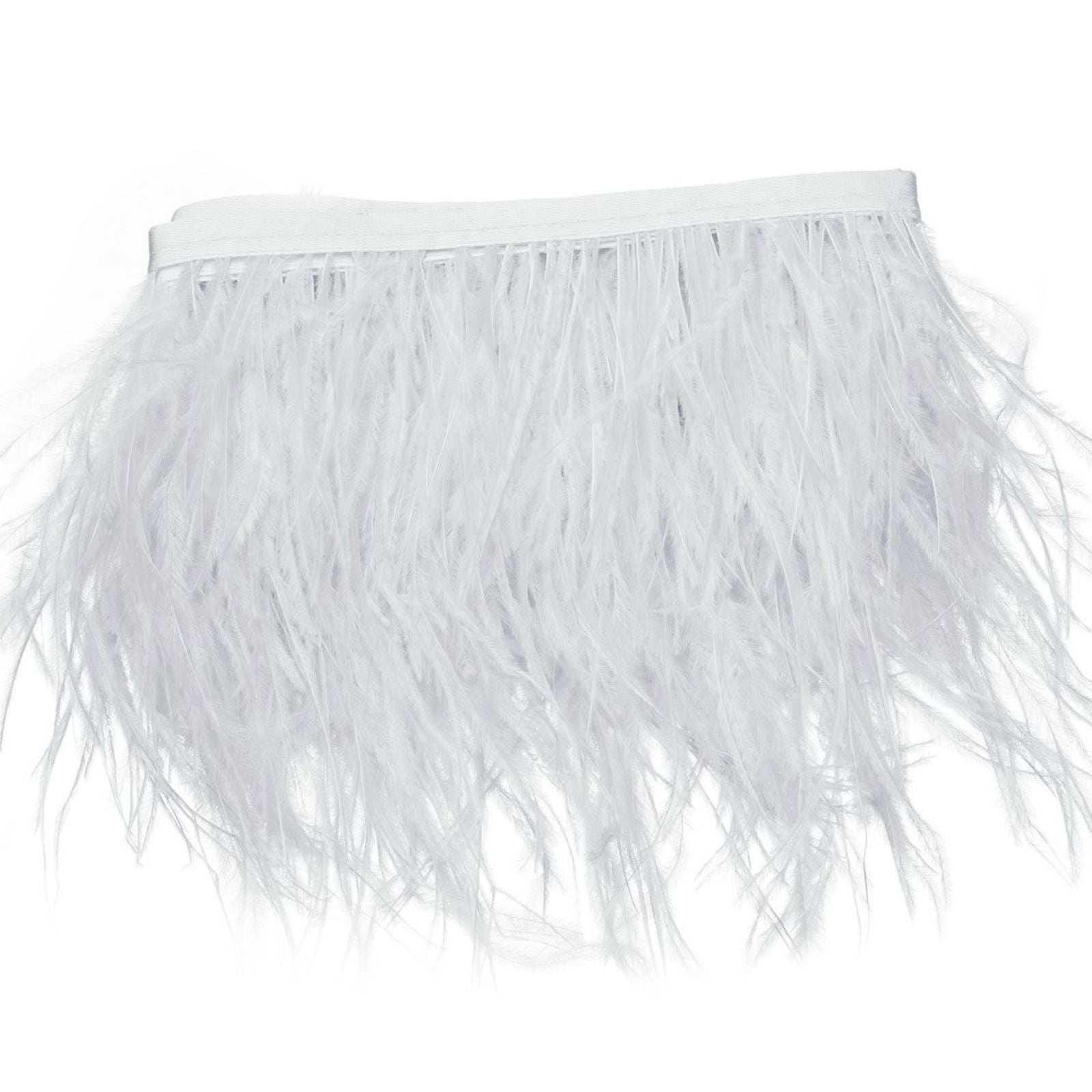 White ostrich feather fringe trim with satin ribbon tape. #whtbkgd