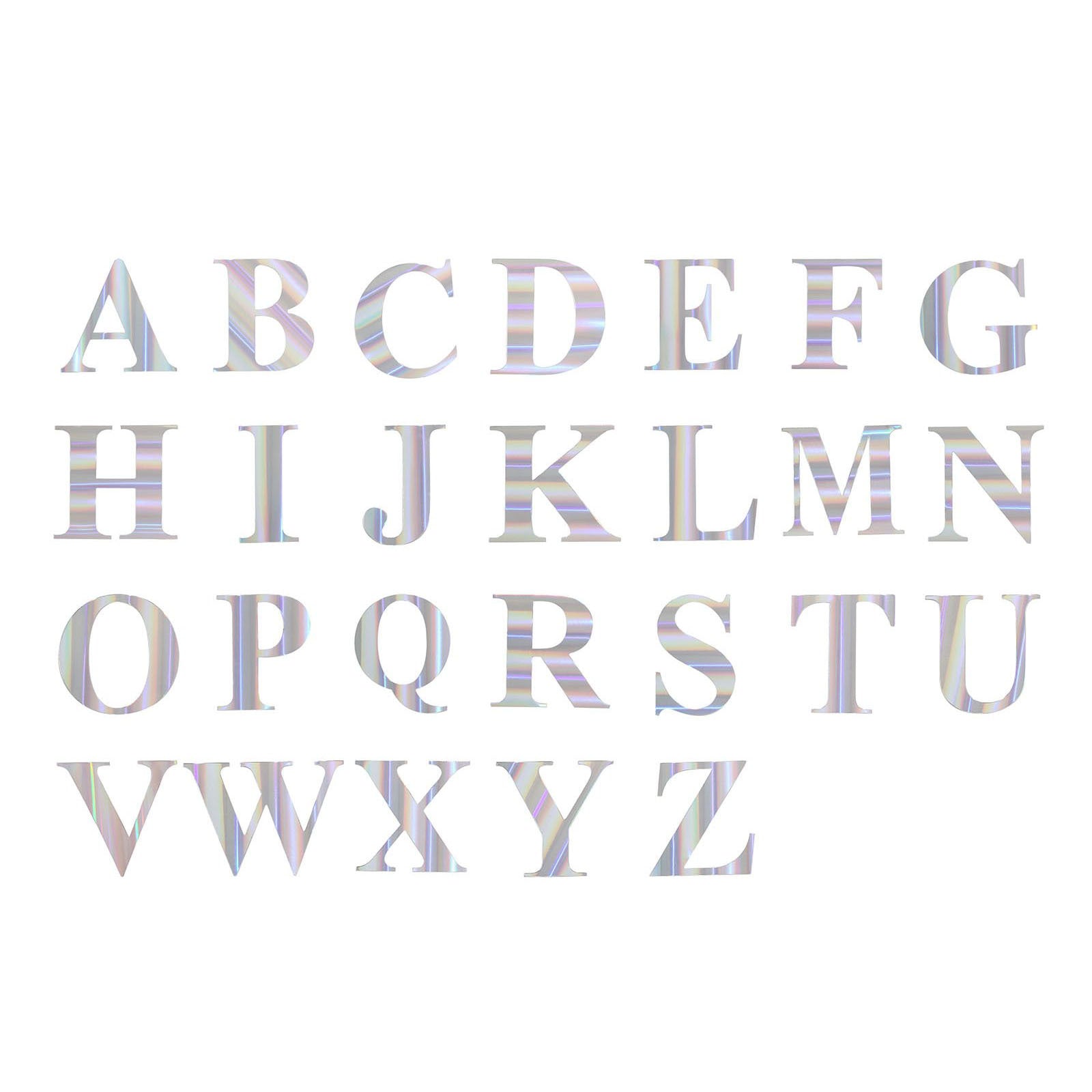Iridescent alphabet stickers in a customizable banner format.
