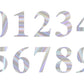 Iridescent 0-9 number stickers in a 4 pack for customizable banners.