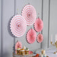 Pink hanging paper fan decorations set of 6 for party backdrop.