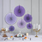 Purple hanging paper fan decorations set for party backdrop.