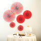Red hanging paper fan decorations set, perfect for party backdrop.