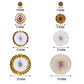 Gold and white hanging paper fan decorations in various sizes.