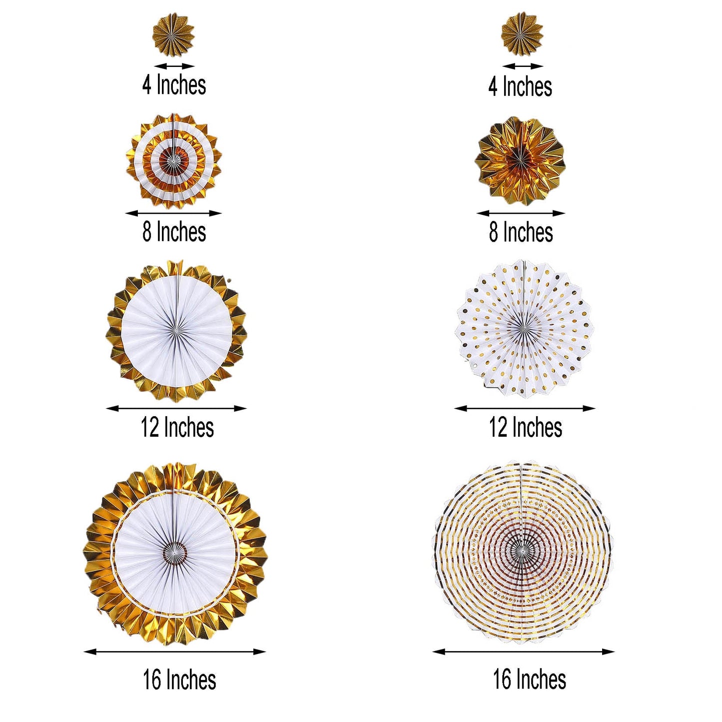 Gold and white hanging paper fan decorations in various sizes.