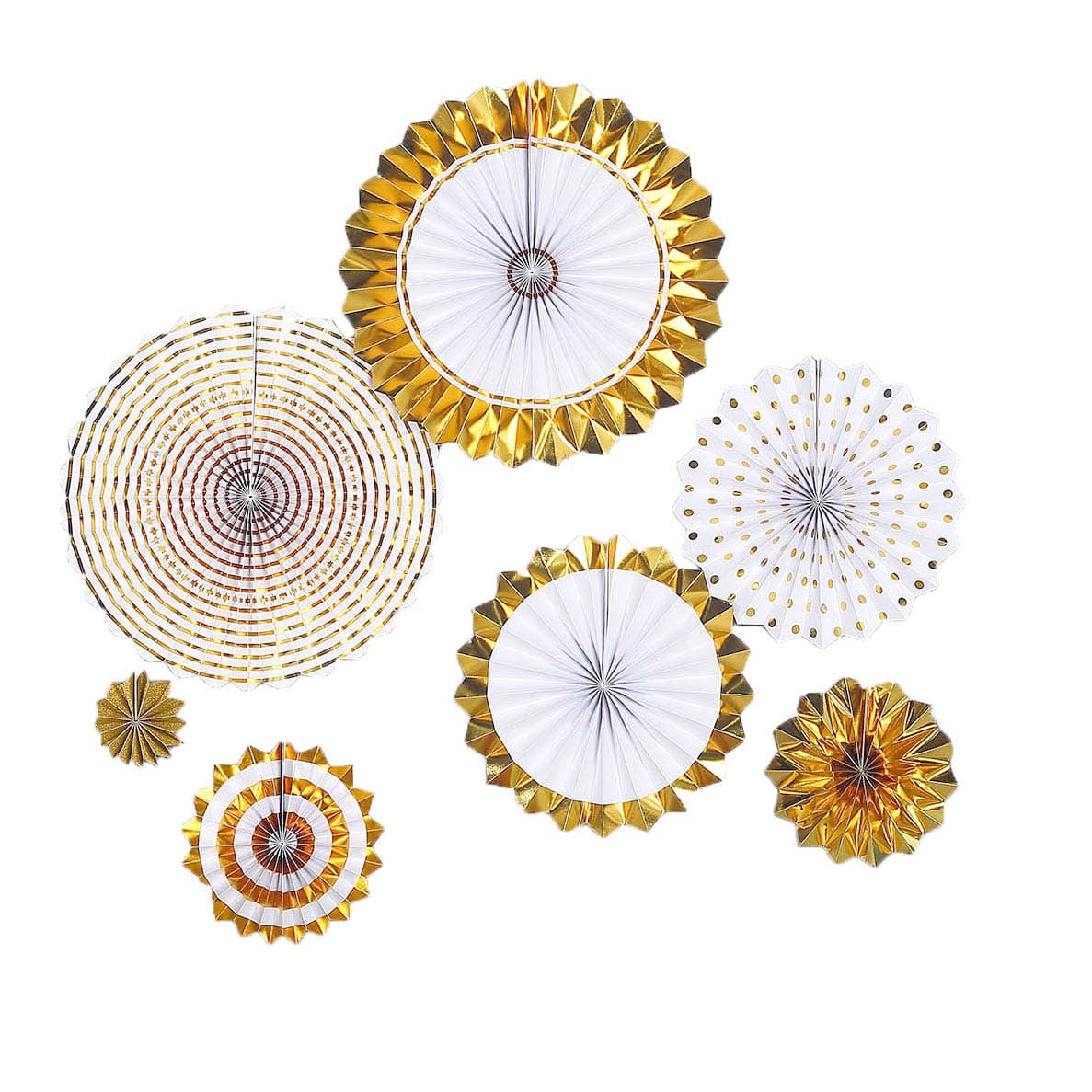 Gold and white hanging paper fan decorations set.