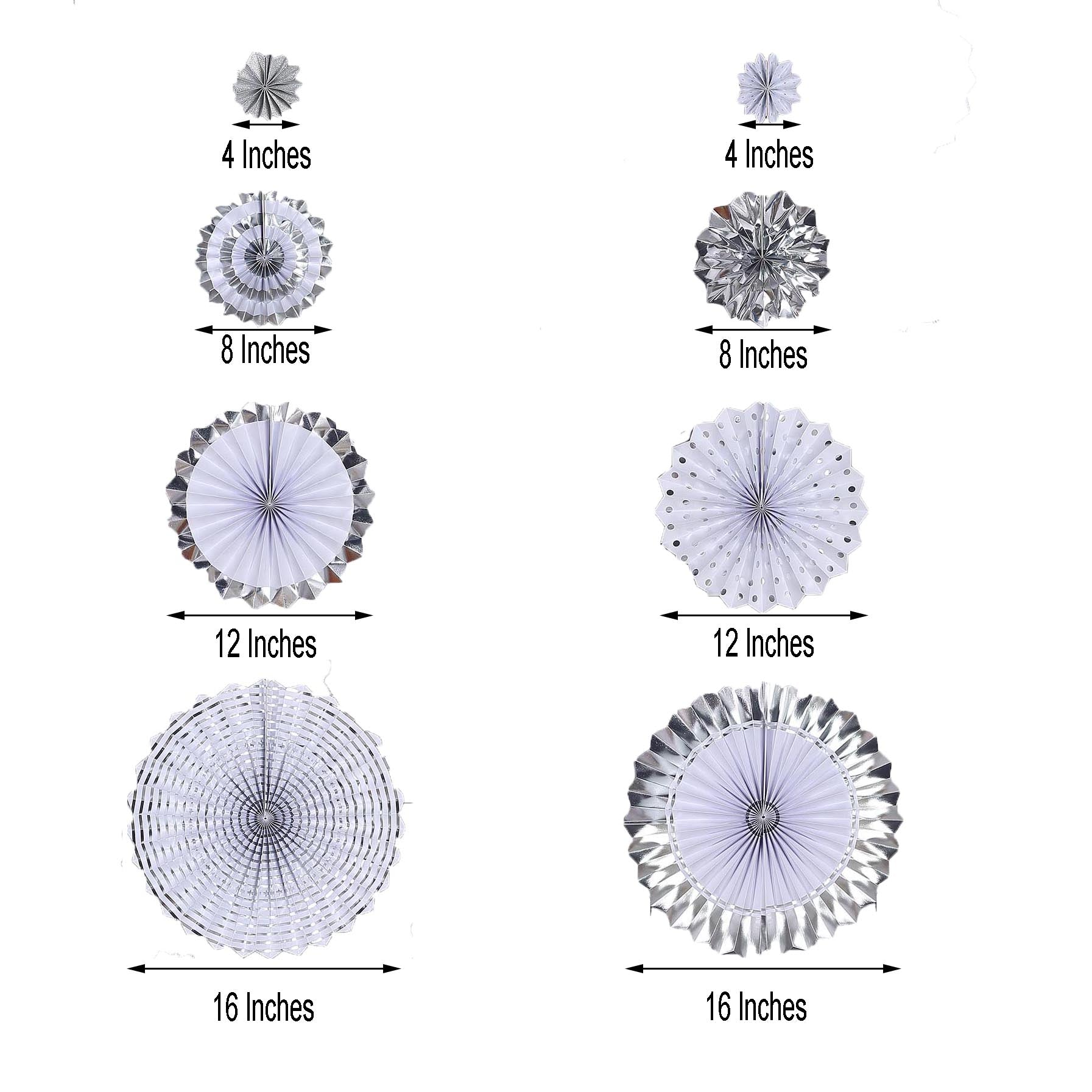 Silver and white hanging paper fan decorations set of 8 in various sizes.