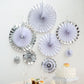 Silver and white hanging paper fan decorations set for party backdrop.