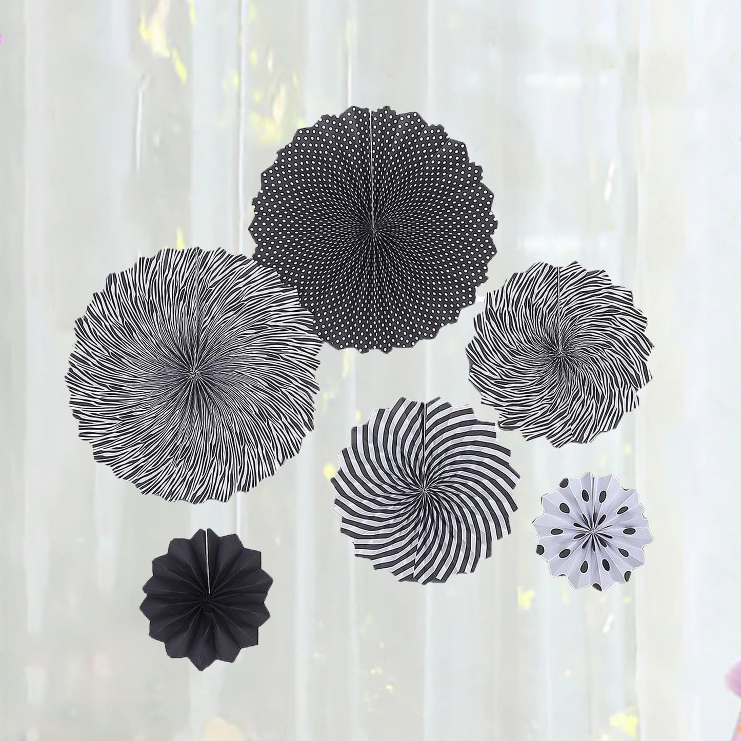 Black and white hanging paper fan decorations set of 6.
