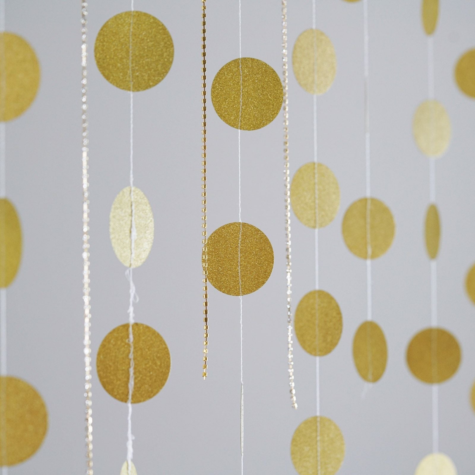 Gold circle dot party garland banner, 7.5ft hanging backdrop.
