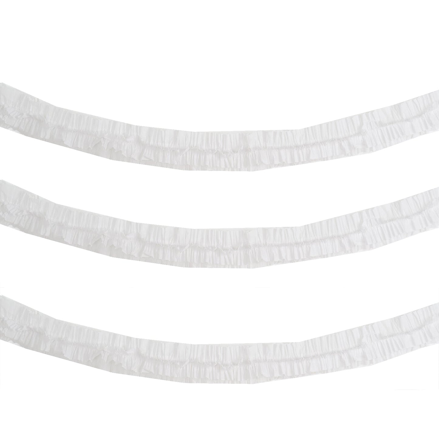 28ft white ruffled paper streamer rolls for party decorations.