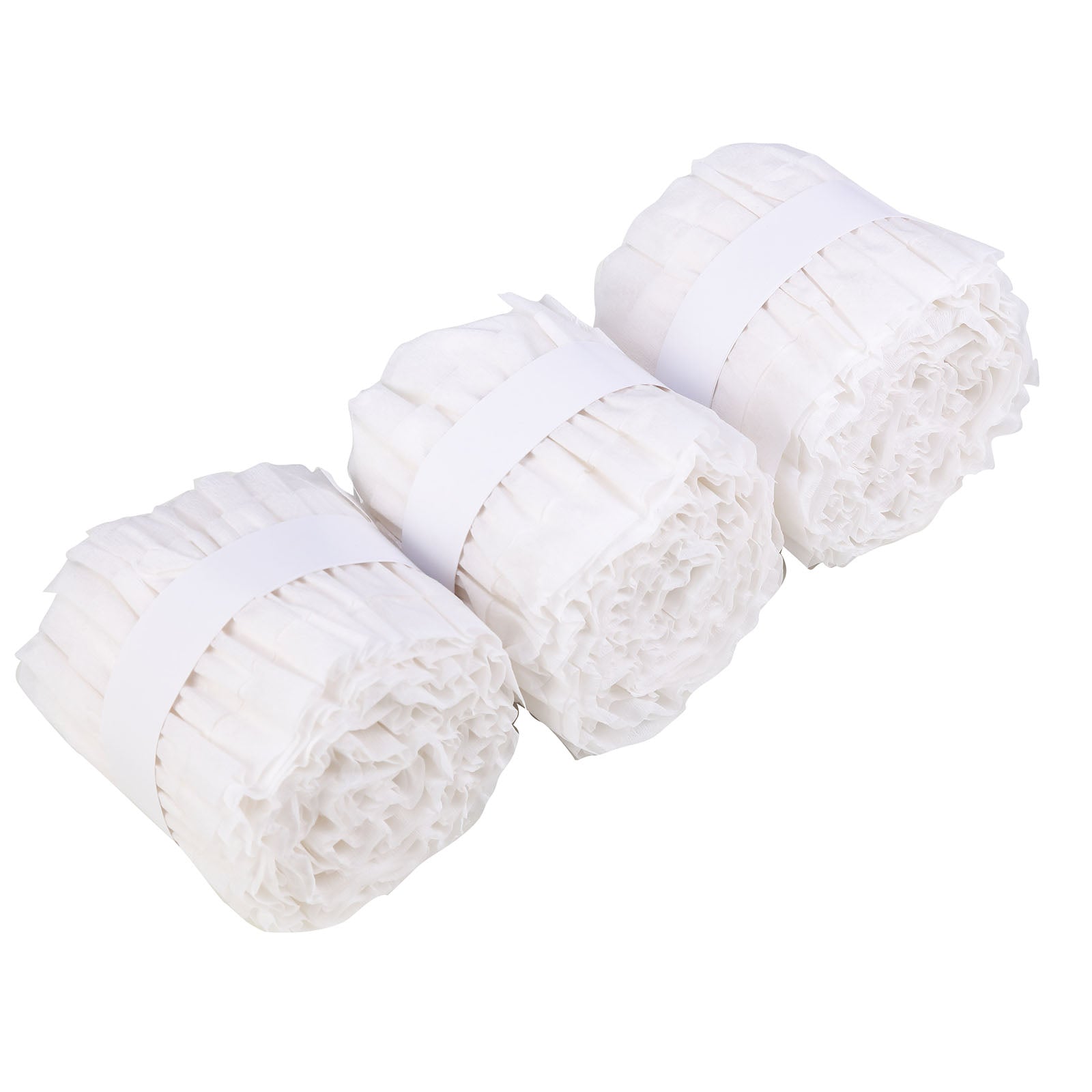 White ruffled paper streamer rolls for party decorations.