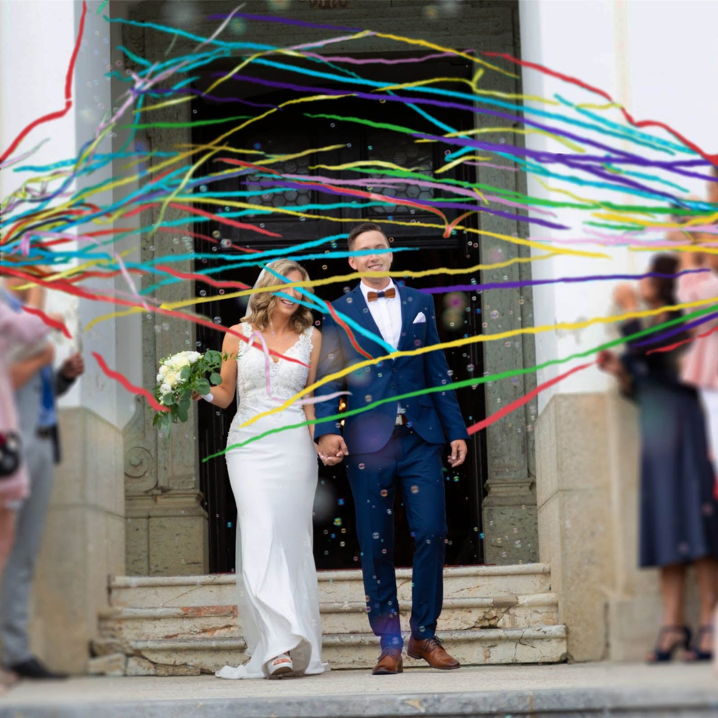 Assorted color confetti poppers for wedding send off celebration.