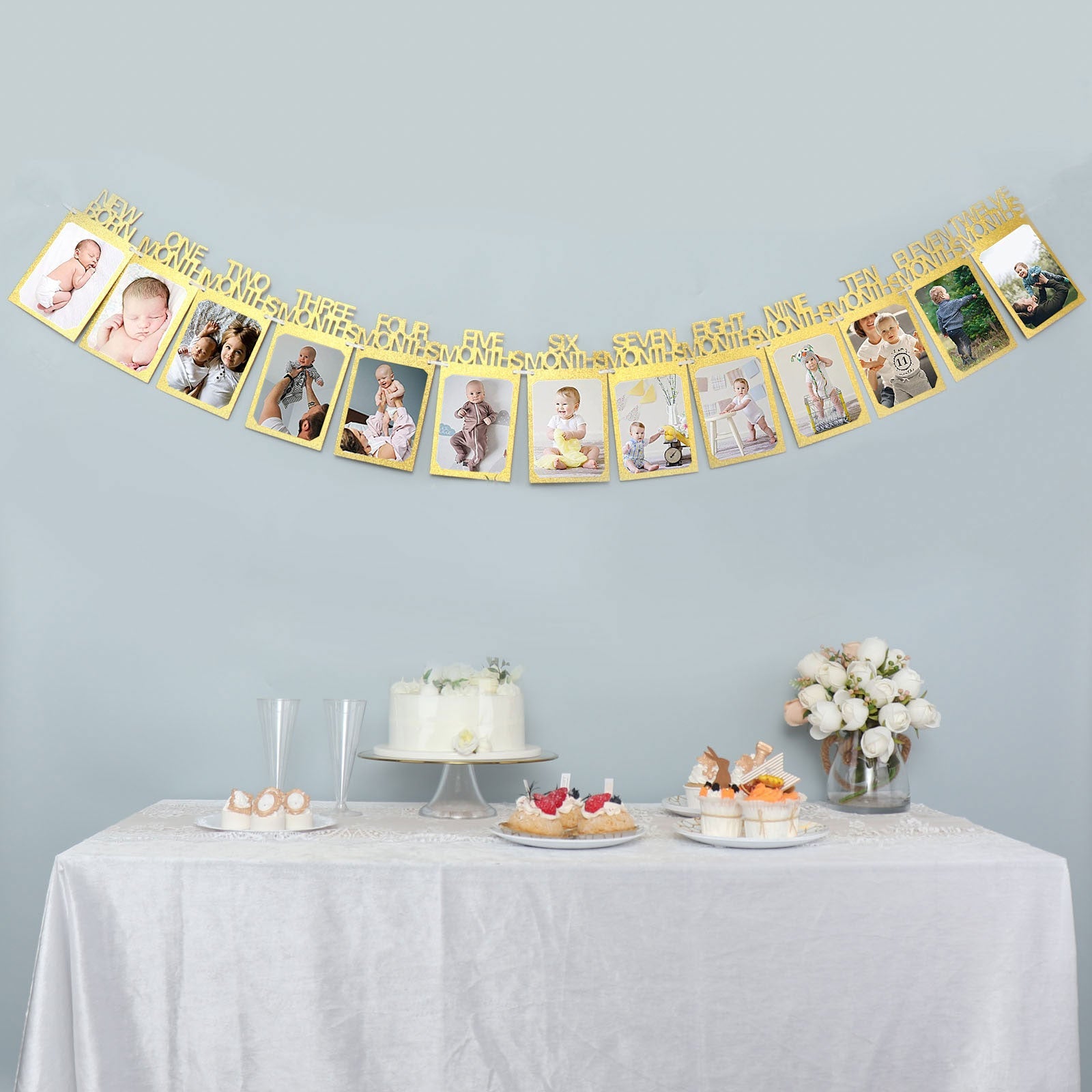 Yellow 12 Month Milestone 1st Birthday Photo Backdrop Hanging Banner