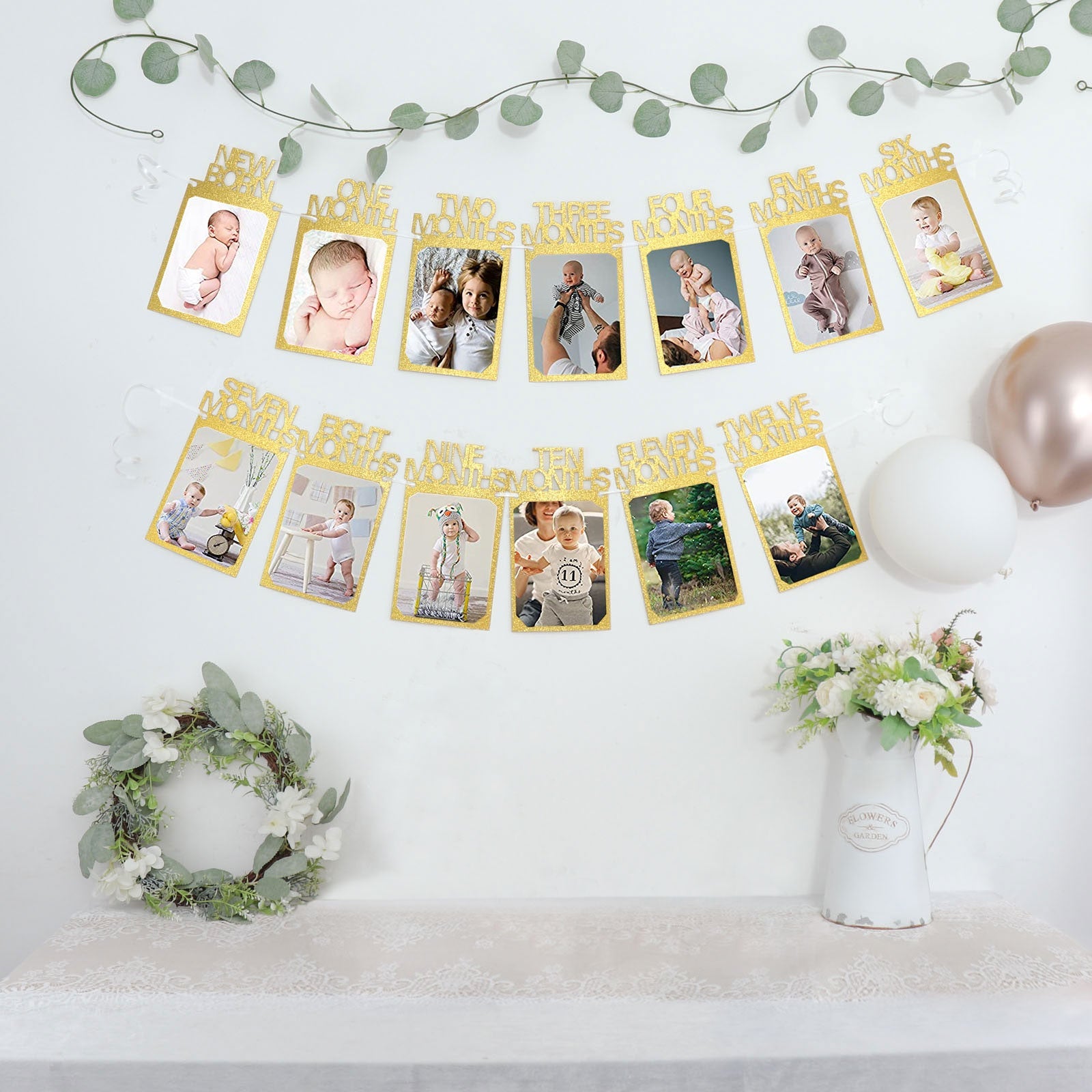Yellow 12 Month Milestone 1st Birthday Photo Backdrop Banner with Baby Photos