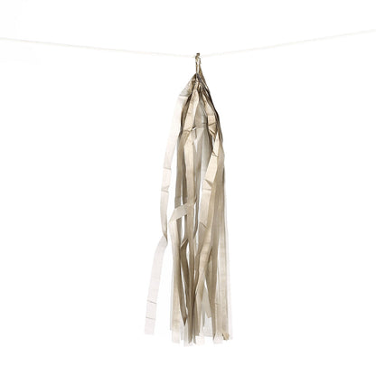 Antique gold paper fringe tassels with garland string for decorative hanging.