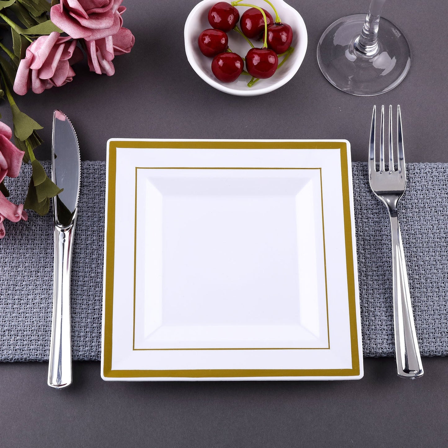 10 Pack - 7inch Gold Trim White Square Plastic Salad Dessert Plates