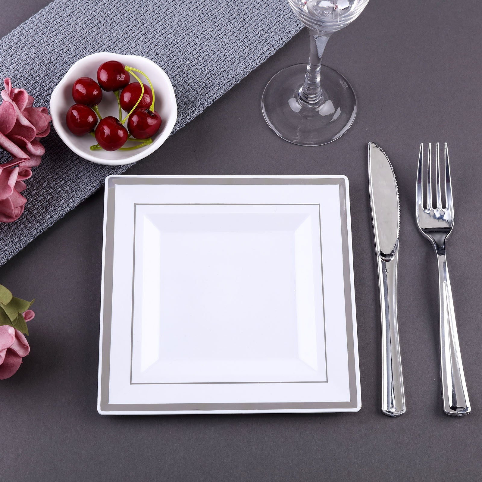 10 Pack - 7inch Silver Trim White Square Plastic Salad Dessert Plates