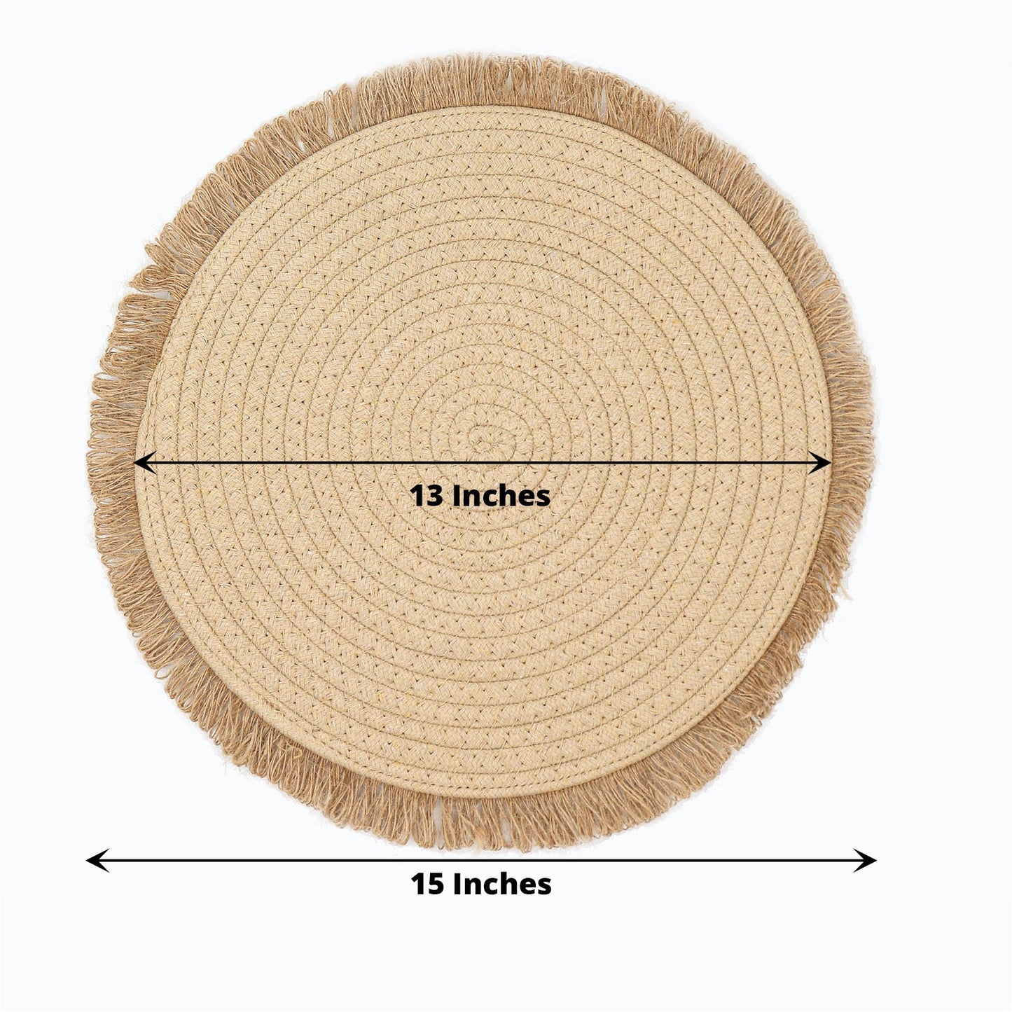 Natural burlap round placemat with fringed edges, 15 inches in diameter.