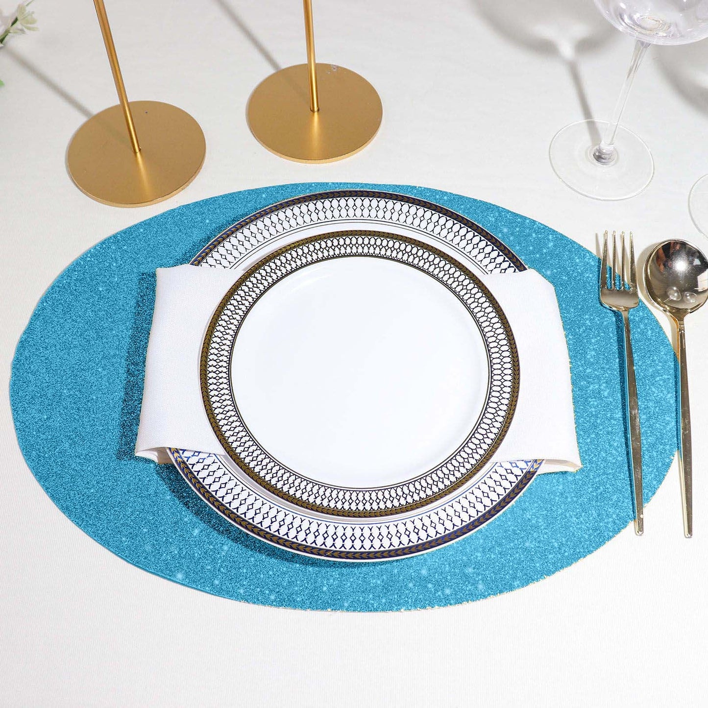 6 Pack | Turquoise Sparkle Vinyl Placemats, Non Slip Decorative Oval Glitter Table Mat