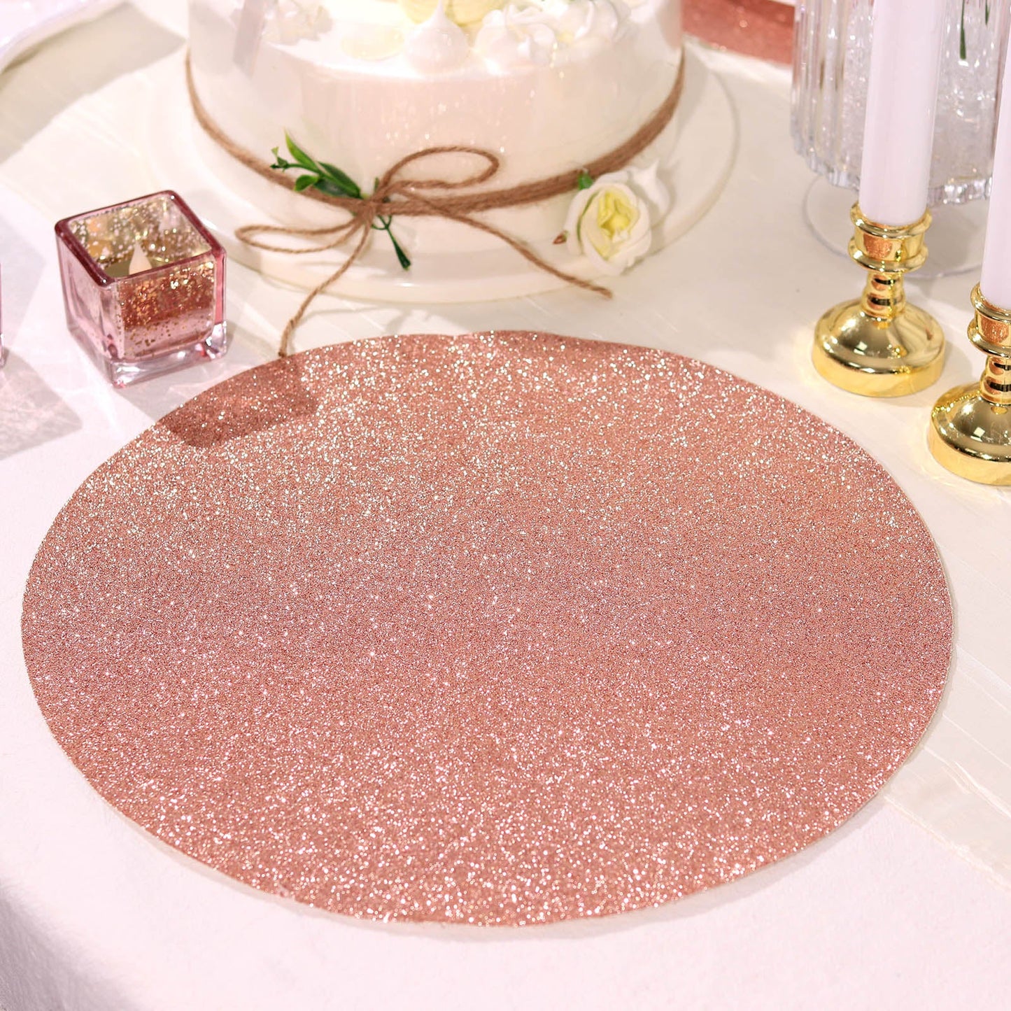 6 Pack Rose Gold Sparkle Vinyl Placemats, Non Slip Decorative Round Glitter Table Mat