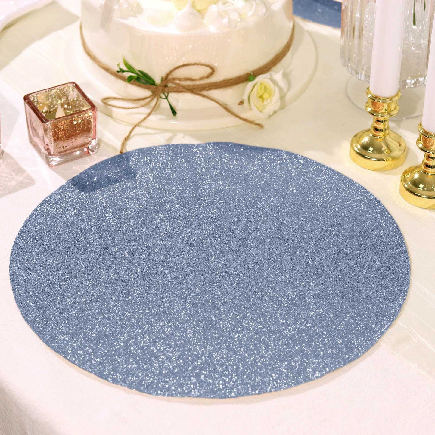 6 Pack | Dusty Blue Sparkle Vinyl Placemats, Non Slip Decorative Round Glitter Table Mat