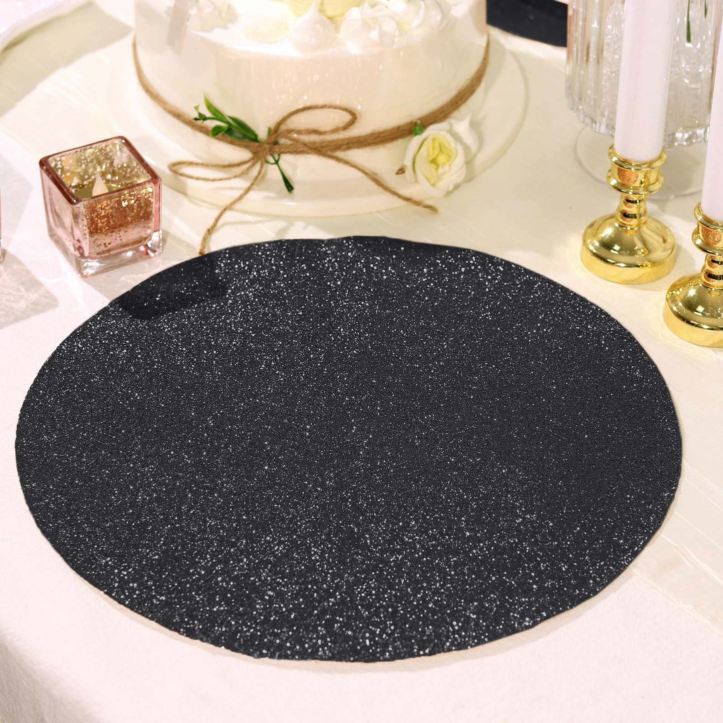 6 Pack | Black Sparkle Vinyl Placemats, Non Slip Decorative Round Glitter Table Mat
