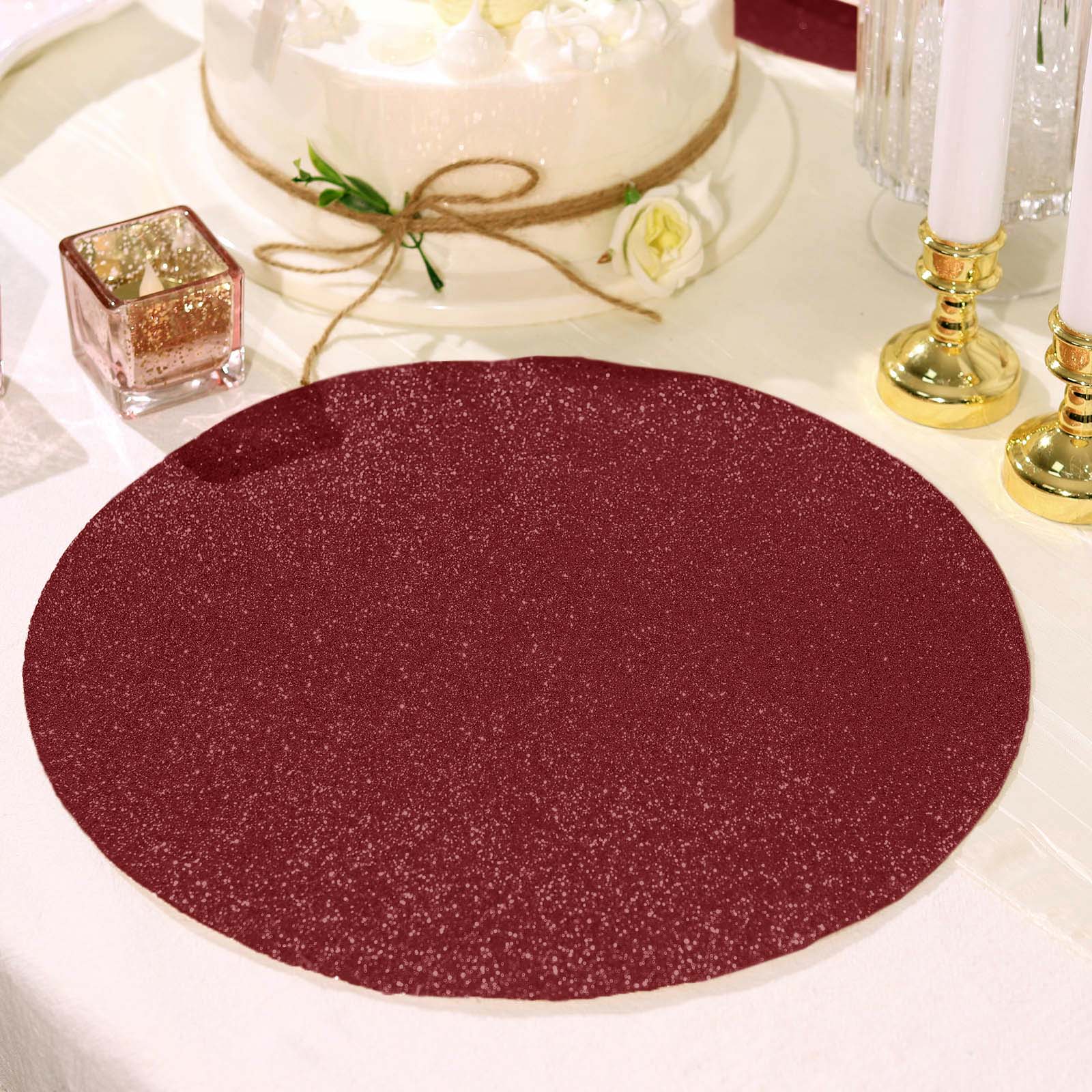 Burgundy sparkle round glitter placemat for elegant table settings.