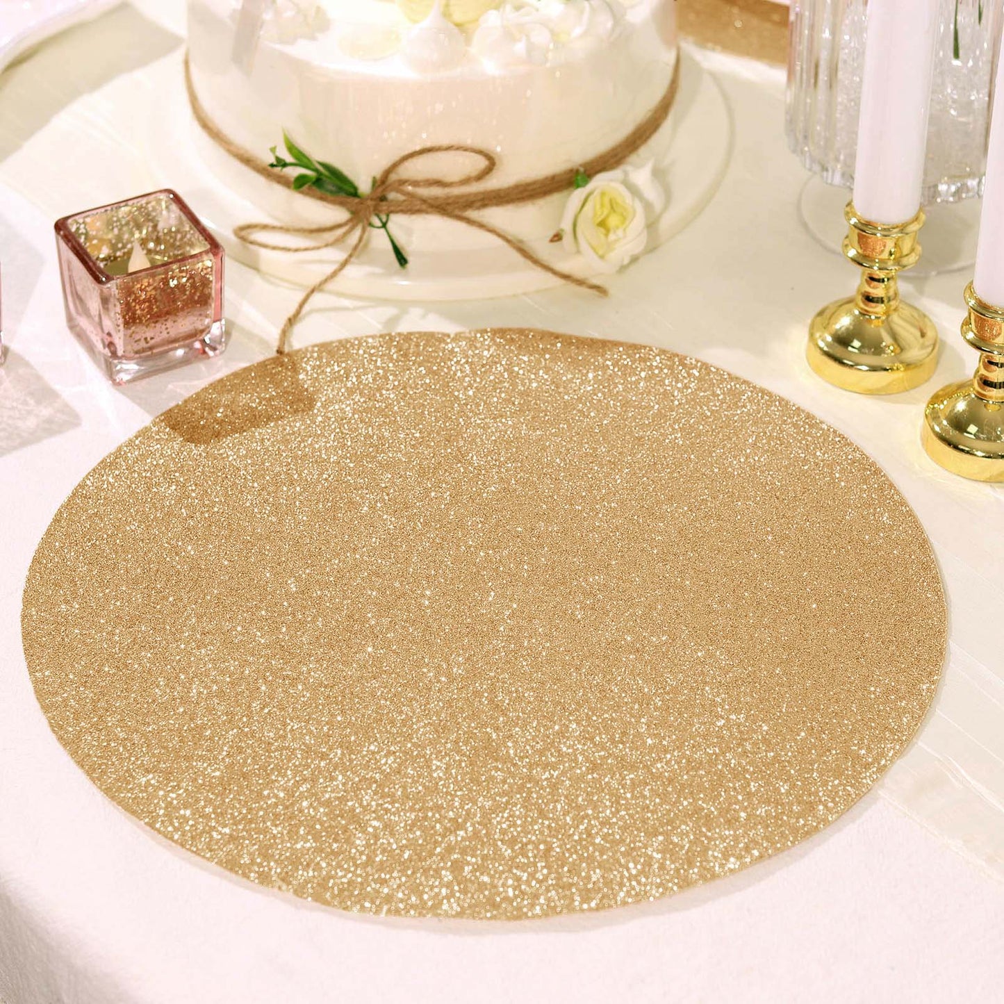 6 Pack | Champagne Sparkle Vinyl Placemats, Non Slip Decorative Round Glitter Table Mat