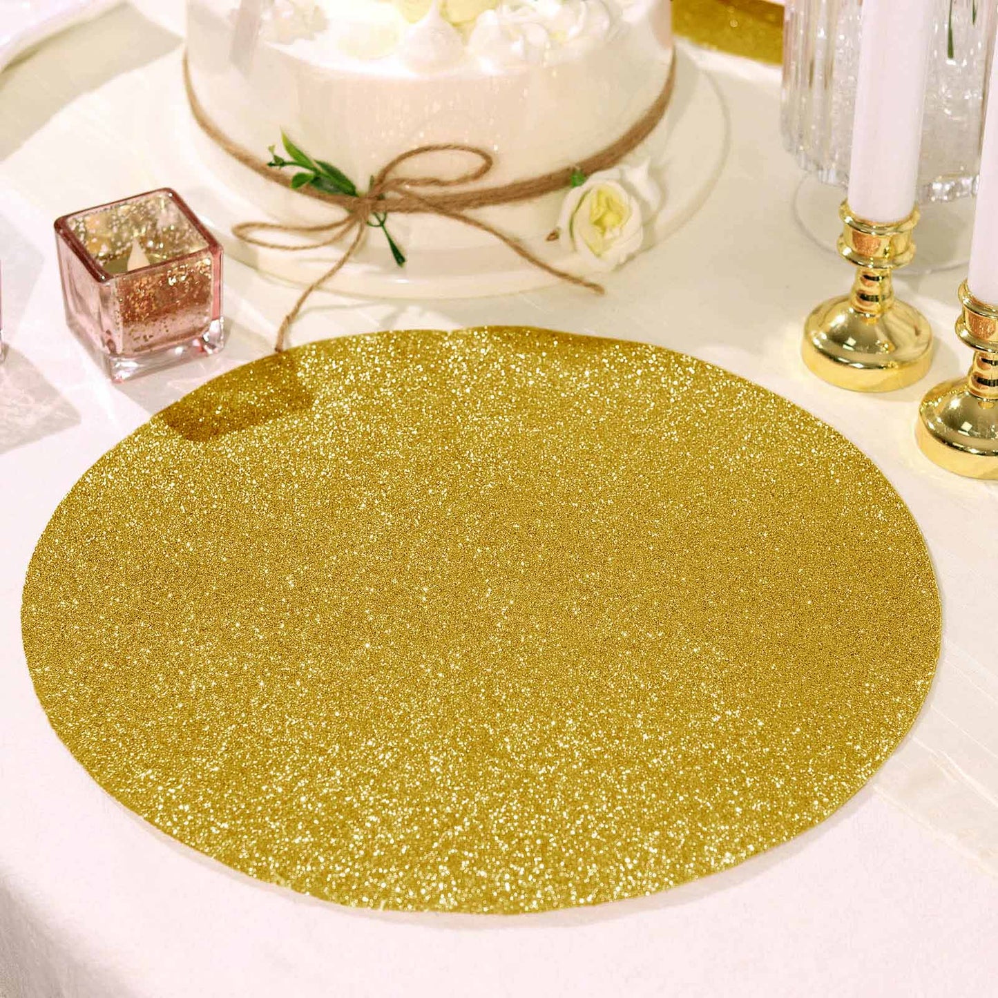 6 Pack | Gold Sparkle Vinyl Placemats, Non Slip Decorative Round Glitter Table Mat