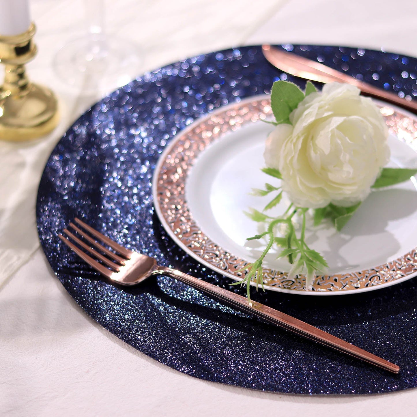 Rectangle Placemats 6 Pack Navy Blue Sparkling Decorative Non Slip Glitter Finish