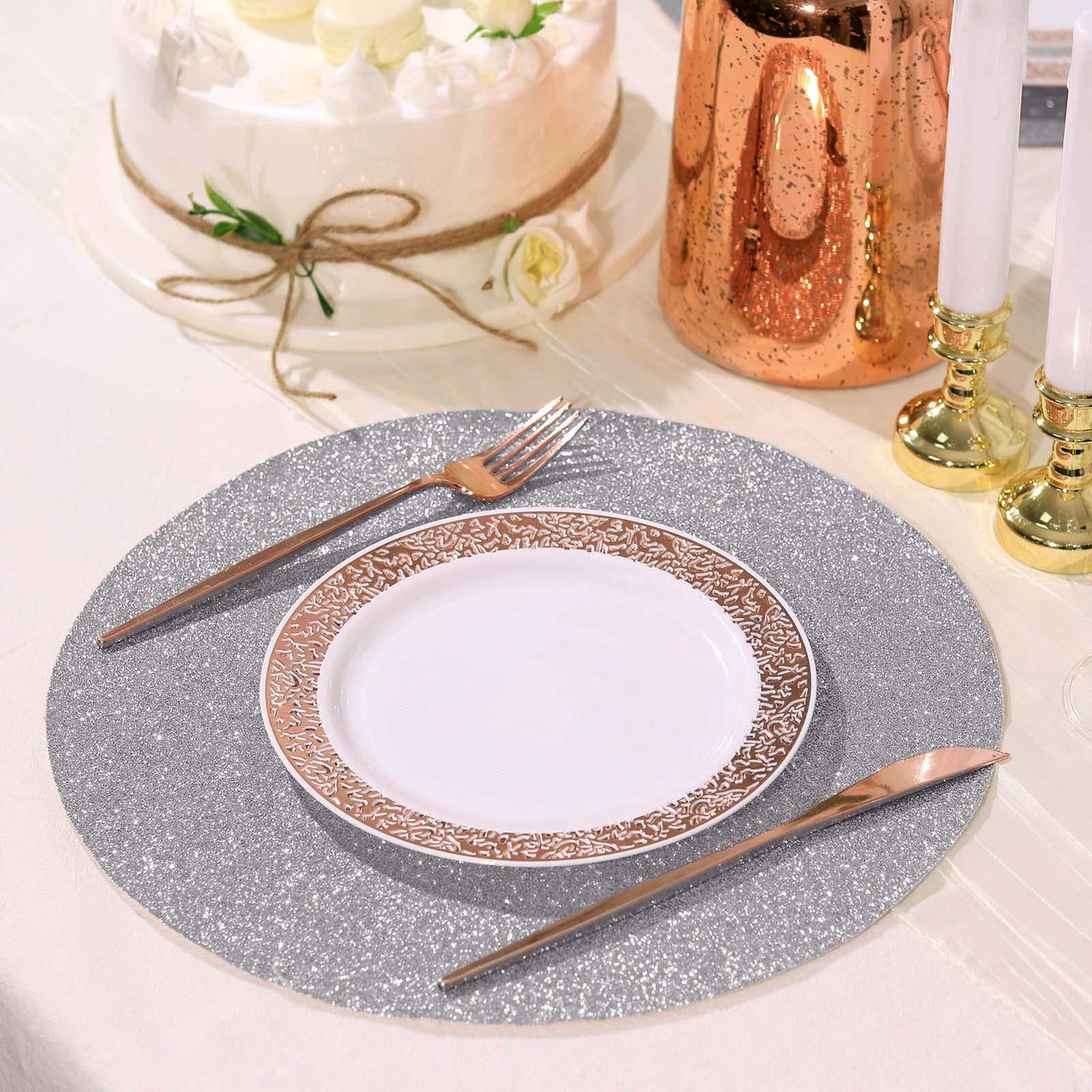 6 Pack Decorative Silver Glitter Round Placemats Non Slip