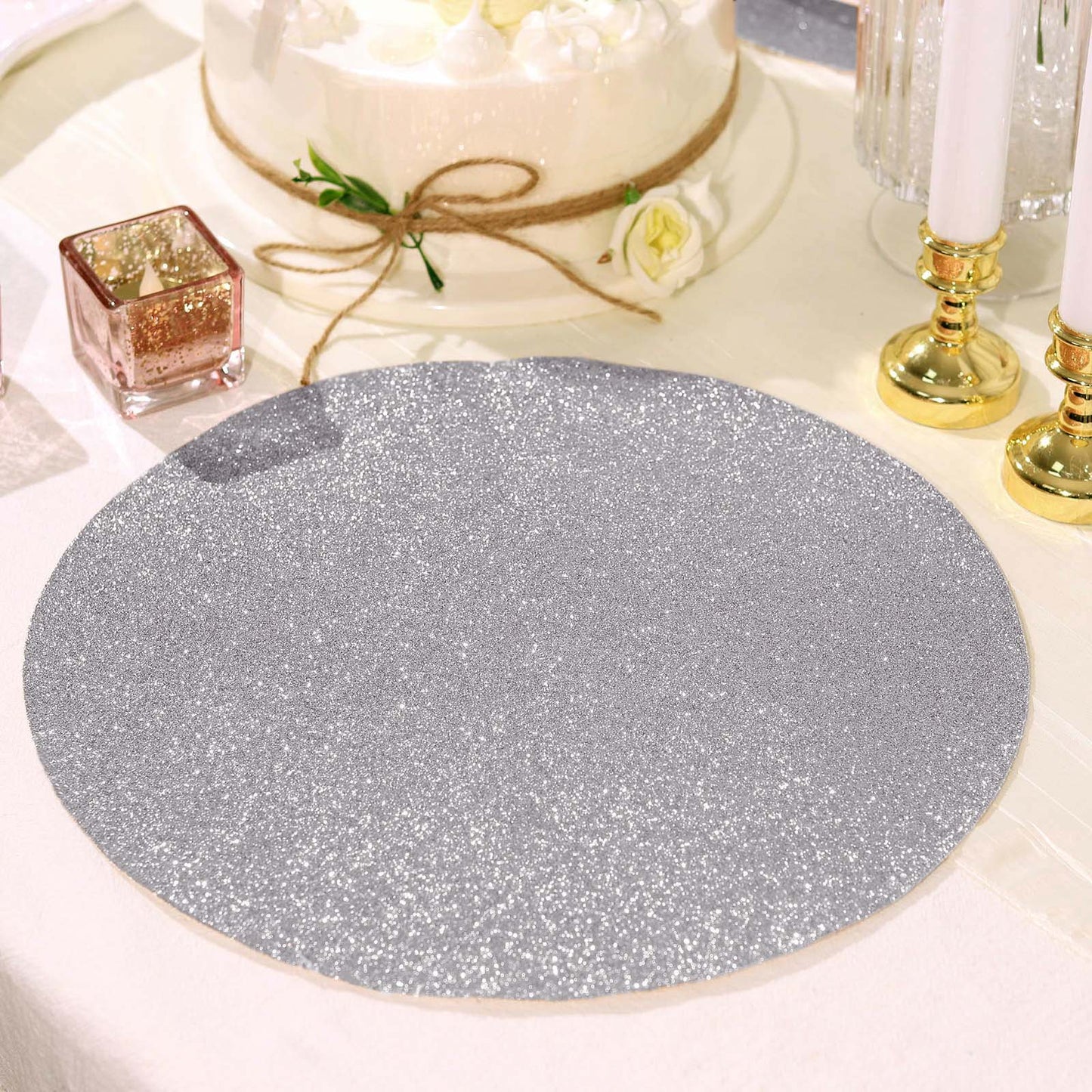 6 Pack | Silver Sparkle Vinyl Placemats, Non Slip Decorative Round Glitter Table Mat