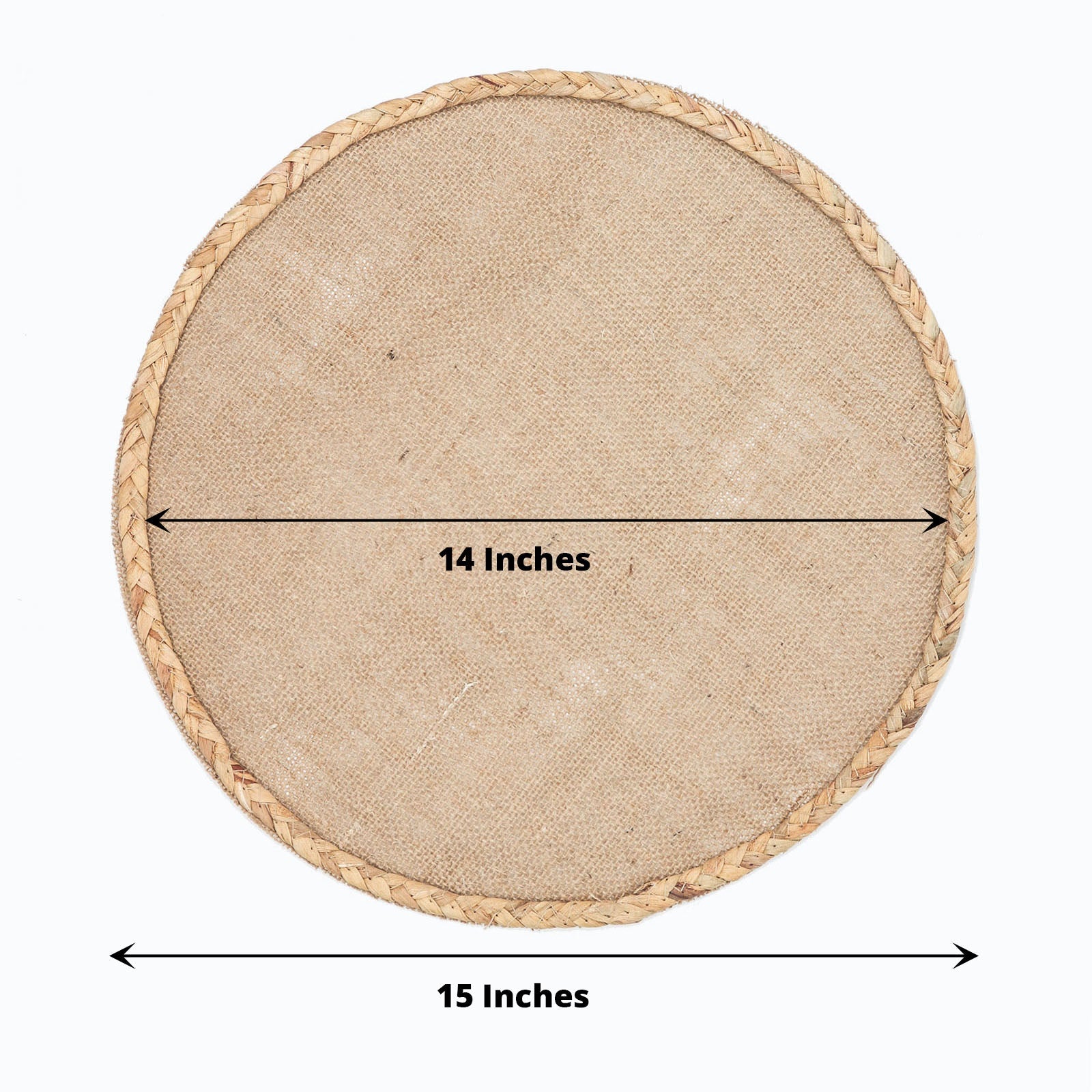 Natural burlap round placemat with braided edges, 15 inches in diameter.