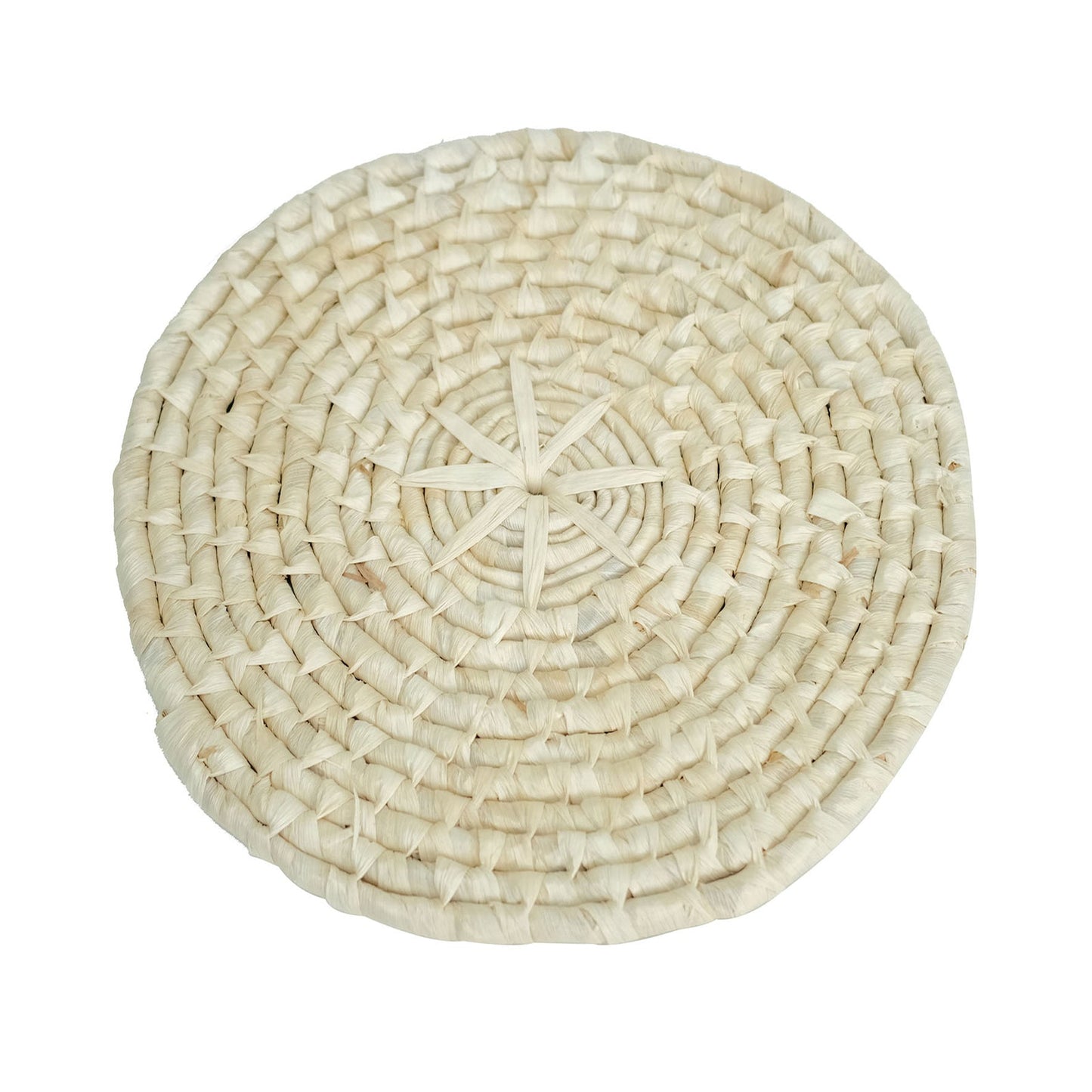 Natural corn husk round woven placemat in a neutral tone.