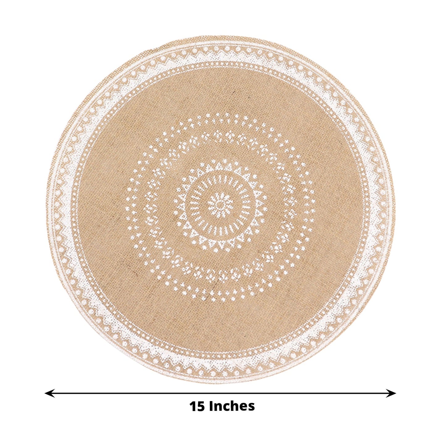 Natural jute and white braided round placemat, 15 inches in diameter.
