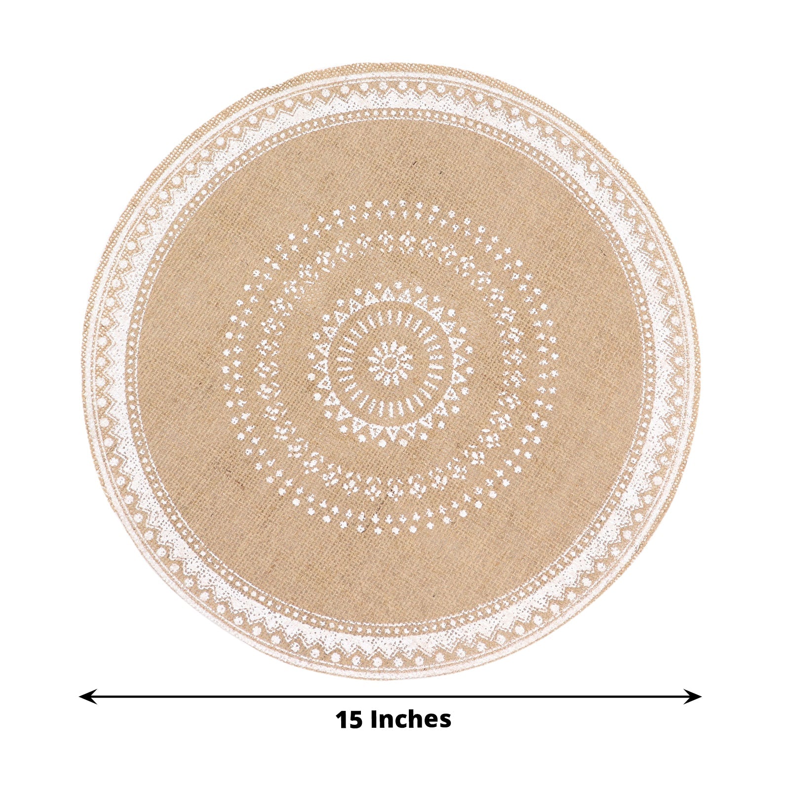 Natural jute and white braided round placemat, 15 inches in diameter.