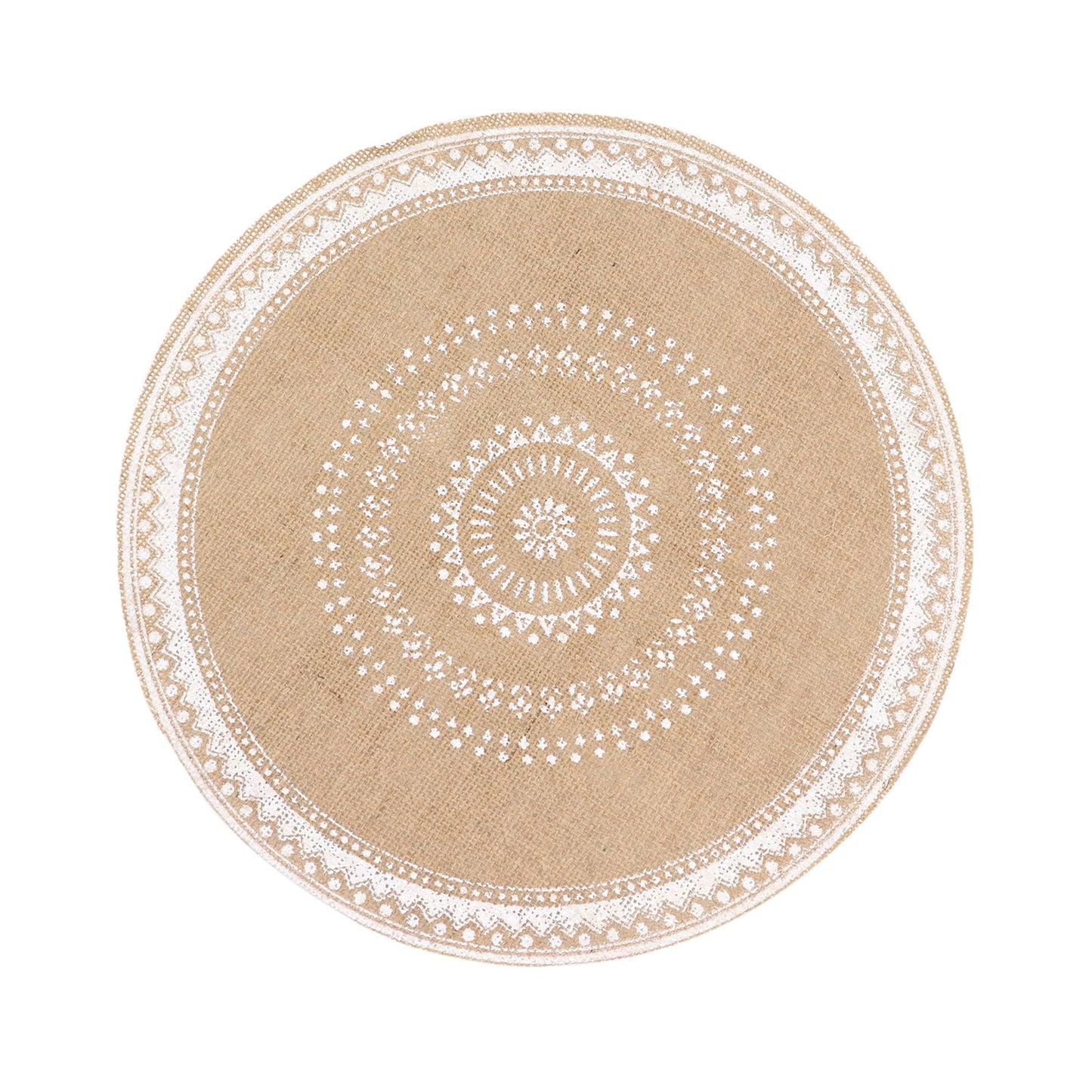 Natural jute and white braided round placemat, rustic burlap table mat.