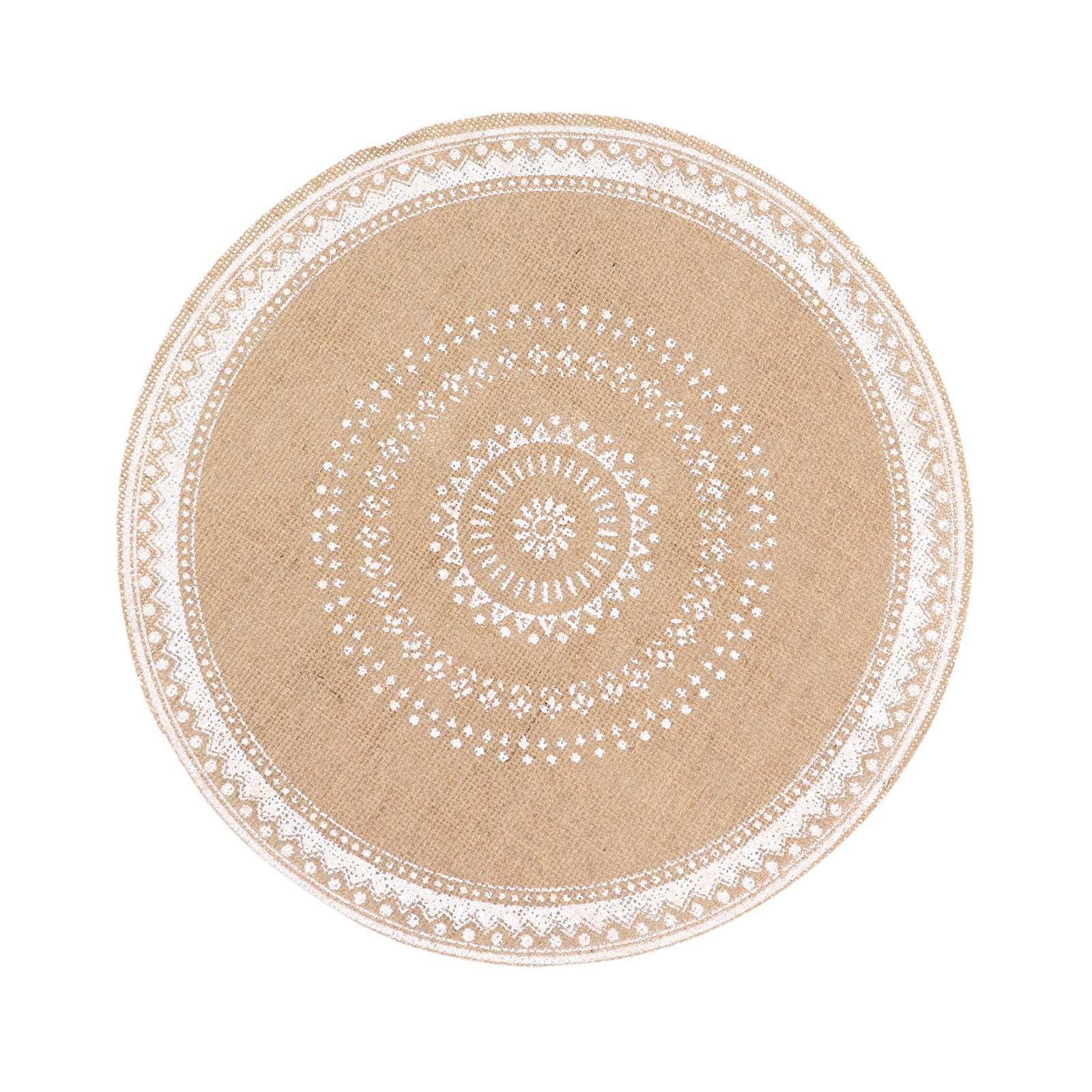 Natural jute and white braided round placemat, rustic burlap table mat.
