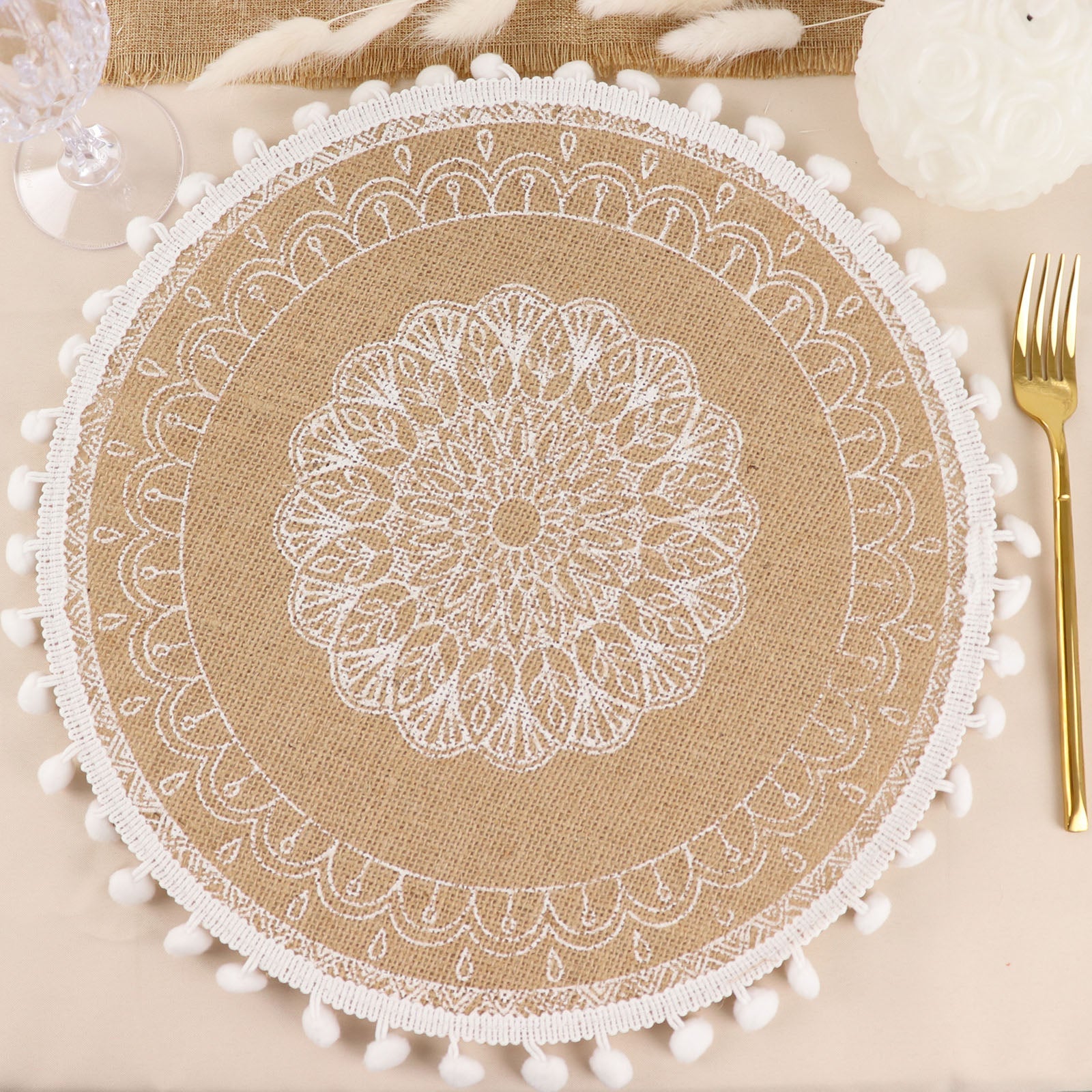 Natural jute and white embroidery mandala print round placemat with tassels.
