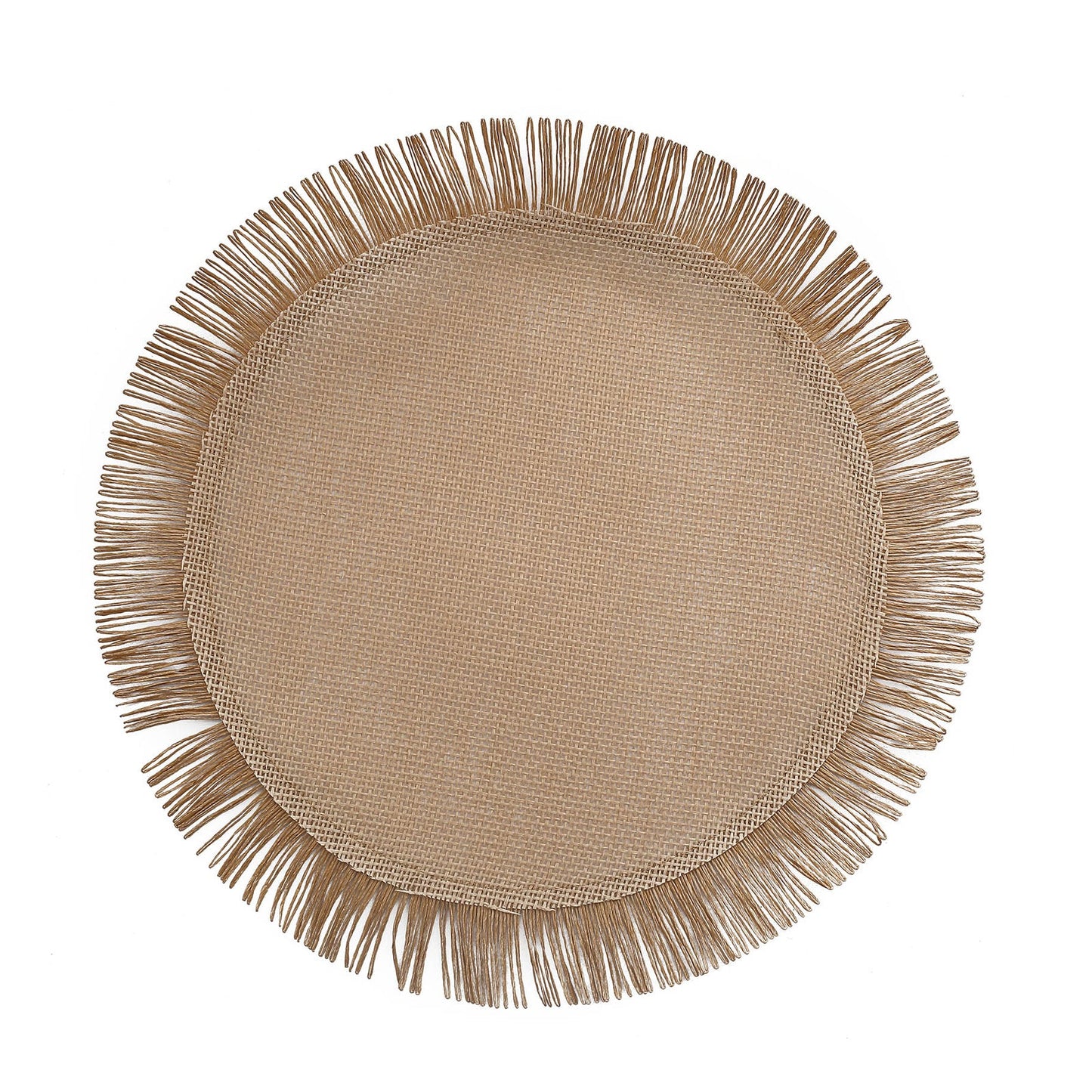 Natural beige burlap dining table mat with fringe edge, rustic farmhouse style.