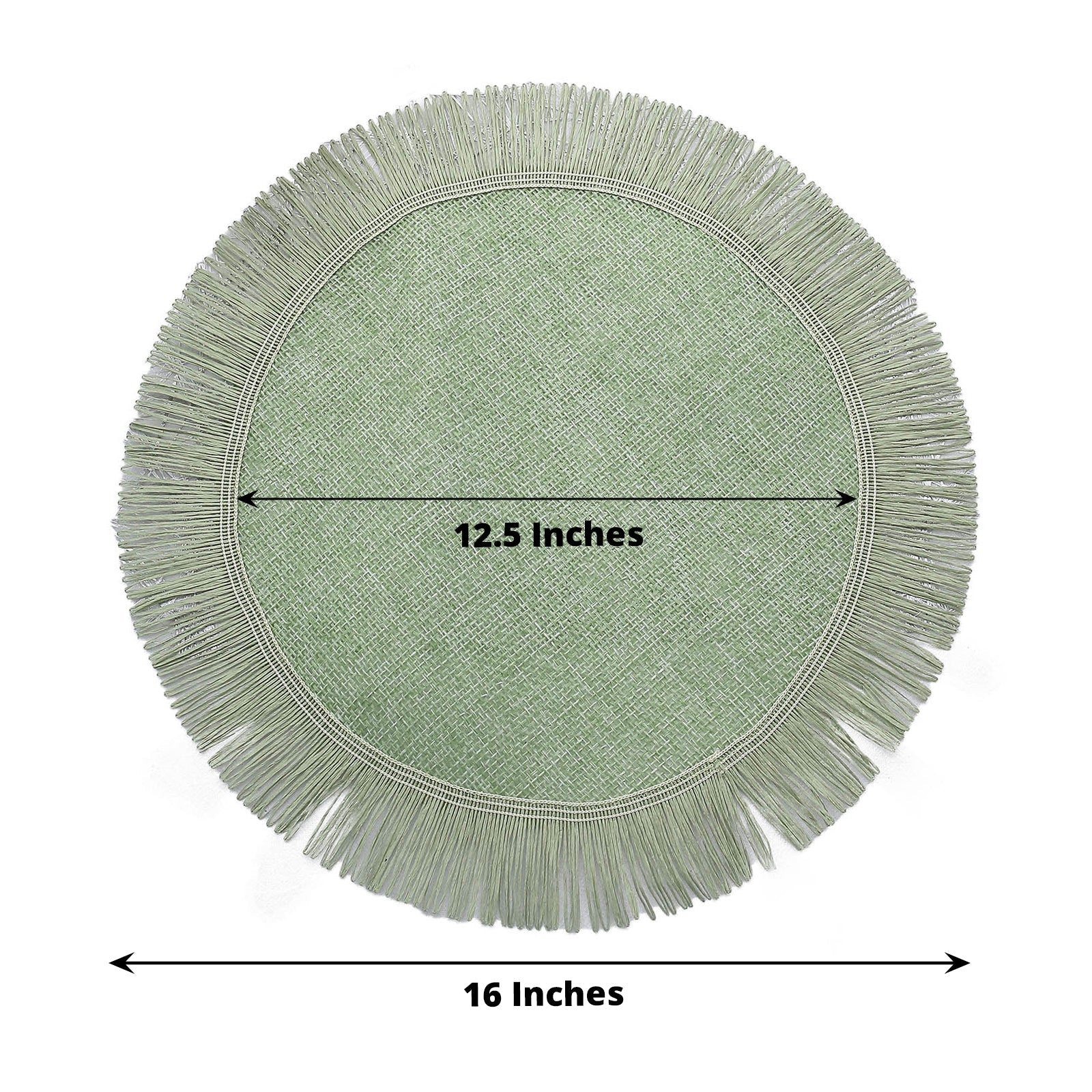 Sage green rustic burlap dining table mat with jute fringe edge.