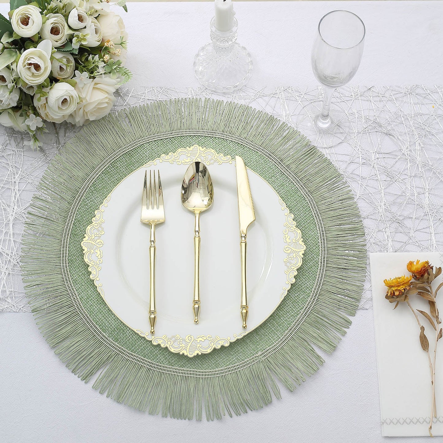 Sage green rustic burlap tassel table placemat set for dining.