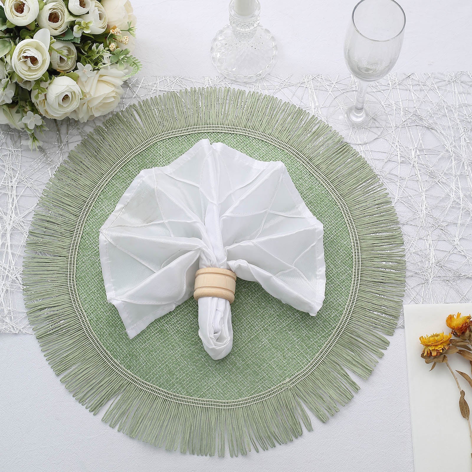16" sage green rustic farmhouse burlap tassel dining table mat with jute fringe.
