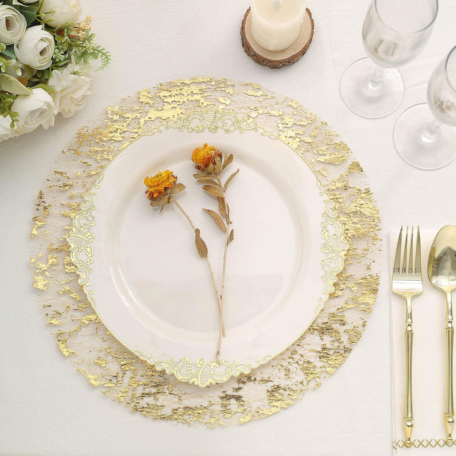 13" metallic gold foil mesh disposable table placemats with floral accents.